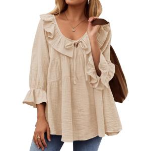 imageZESICA Womens Scoop Neck 34 Length Sleeve Tops 2025 Casual Tie Front Ruffle Tiered Loose Tunic Shirts Blouses Fall OutfitsApricot