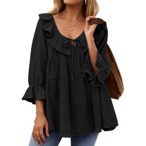 imageZESICA Womens Scoop Neck 34 Length Sleeve Tops 2025 Casual Tie Front Ruffle Tiered Loose Tunic Shirts Blouses Fall OutfitsBlack