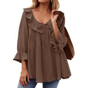 imageZESICA Womens Scoop Neck 34 Length Sleeve Tops 2025 Casual Tie Front Ruffle Tiered Loose Tunic Shirts Blouses Fall OutfitsBrown