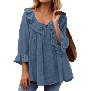 imageZESICA Womens Scoop Neck 34 Length Sleeve Tops 2025 Casual Tie Front Ruffle Tiered Loose Tunic Shirts Blouses Fall OutfitsDusty Blue