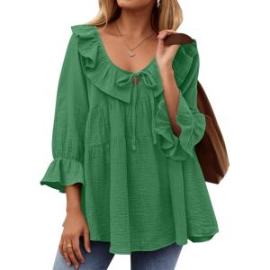 imageZESICA Womens Scoop Neck 34 Length Sleeve Tops 2025 Casual Tie Front Ruffle Tiered Loose Tunic Shirts Blouses Fall OutfitsGreen