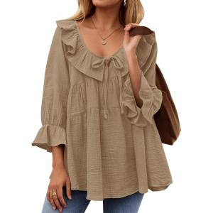 imageZESICA Womens Scoop Neck 34 Length Sleeve Tops 2025 Casual Tie Front Ruffle Tiered Loose Tunic Shirts Blouses Fall OutfitsKhaki