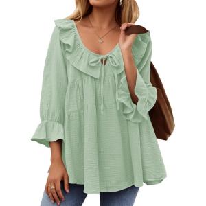 imageZESICA Womens Scoop Neck 34 Length Sleeve Tops 2025 Casual Tie Front Ruffle Tiered Loose Tunic Shirts Blouses Fall OutfitsMint Green