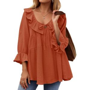 imageZESICA Womens Scoop Neck 34 Length Sleeve Tops 2025 Casual Tie Front Ruffle Tiered Loose Tunic Shirts Blouses Fall OutfitsOrange Red