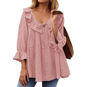 imageZESICA Womens Scoop Neck 34 Length Sleeve Tops 2025 Casual Tie Front Ruffle Tiered Loose Tunic Shirts Blouses Fall OutfitsPink