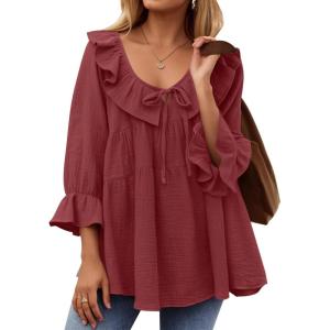 imageZESICA Womens Scoop Neck 34 Length Sleeve Tops 2025 Casual Tie Front Ruffle Tiered Loose Tunic Shirts Blouses Fall OutfitsWine Red