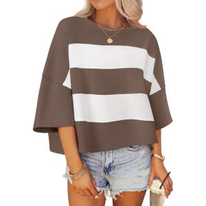 imageZESICA Womens Summer 2025 34 Sleeve Casual Tee Tops Crewneck Drop Shoulder Color Block Oversized TShirtsBrown