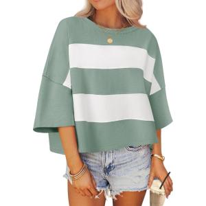 imageZESICA Womens Summer 2025 34 Sleeve Casual Tee Tops Crewneck Drop Shoulder Color Block Oversized TShirtsGreen