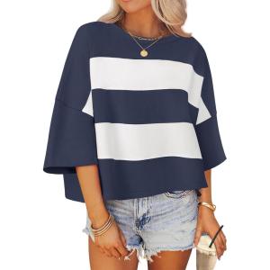 imageZESICA Womens Summer 2025 34 Sleeve Casual Tee Tops Crewneck Drop Shoulder Color Block Oversized TShirtsNavy