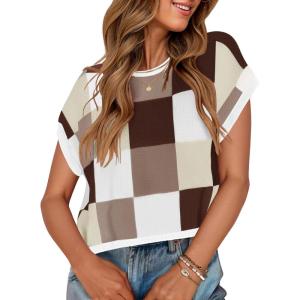 imageZESICA Womens Summer Casual Printed Tops Cap Sleeve Crew Neck Cute Knit Sweaters 2025 Trendy Clothes OutfitsBrown