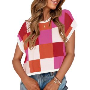 imageZESICA Womens Summer Casual Printed Tops Cap Sleeve Crew Neck Cute Knit Sweaters 2025 Trendy Clothes OutfitsRedorange