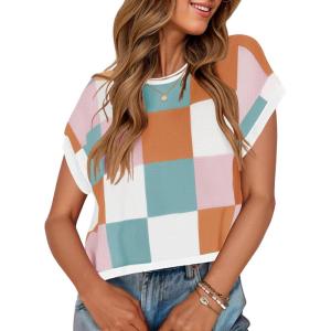 imageZESICA Womens Summer Casual Printed Tops Cap Sleeve Crew Neck Cute Knit Sweaters 2025 Trendy Clothes OutfitsWhitepink