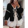 imageZESICA Womens Tie Front Bow Cardigan Sweaters 2025 Casual Long Sleeve Knit Color Block Fall Winter Clothing CoatsBlack