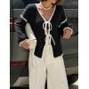 imageZESICA Womens Tie Front Bow Cardigan Sweaters 2025 Casual Long Sleeve Knit Color Block Fall Winter Clothing CoatsBlack