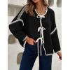 imageZESICA Womens Tie Front Bow Cardigan Sweaters 2025 Casual Long Sleeve Knit Color Block Fall Winter Clothing CoatsBlack