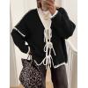 imageZESICA Womens Tie Front Bow Cardigan Sweaters 2025 Casual Long Sleeve Knit Color Block Fall Winter Clothing CoatsBlack