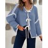 imageZESICA Womens Tie Front Bow Cardigan Sweaters 2025 Casual Long Sleeve Knit Color Block Fall Winter Clothing CoatsBlue