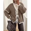 imageZESICA Womens Tie Front Bow Cardigan Sweaters 2025 Casual Long Sleeve Knit Color Block Fall Winter Clothing CoatsCamel