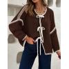 imageZESICA Womens Tie Front Bow Cardigan Sweaters 2025 Casual Long Sleeve Knit Color Block Fall Winter Clothing CoatsCaramel
