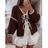 imageZESICA Womens Tie Front Bow Cardigan Sweaters 2025 Casual Long Sleeve Knit Color Block Fall Winter Clothing CoatsCaramel