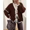 imageZESICA Womens Tie Front Bow Cardigan Sweaters 2025 Casual Long Sleeve Knit Color Block Fall Winter Clothing CoatsCaramel
