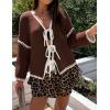 imageZESICA Womens Tie Front Bow Cardigan Sweaters 2025 Casual Long Sleeve Knit Color Block Fall Winter Clothing CoatsCaramel