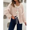 imageZESICA Womens Tie Front Bow Cardigan Sweaters 2025 Casual Long Sleeve Knit Color Block Fall Winter Clothing CoatsOats