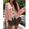 imageZESICA Womens Tie Front Bow Cardigan Sweaters 2025 Casual Long Sleeve Knit Color Block Fall Winter Clothing CoatsPink