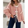 imageZESICA Womens Tie Front Bow Cardigan Sweaters 2025 Casual Long Sleeve Knit Color Block Fall Winter Clothing CoatsPink