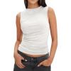 imageZESICA Womens Mesh Tank Top Summer Sleeveless High Neck Ruched Slim Fitted Casual Tee ShirtsWhite