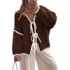 imageZESICA Womens Tie Front Bow Cardigan Sweaters 2025 Casual Long Sleeve Knit Color Block Fall Winter Clothing CoatsCaramel