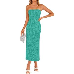 imageZESICA Womens 2025 Summer Boho Floral Strapless Bodycon Dress Off Shoulder Tube Beach Party Long Midi DressesPeacock