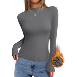 imageZESICA Womens Long Sleeve Mock Neck Shirts 2025 Fall Winter Thermal Casual Slim Fit Pullover TopsDark Grey
