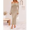 imageZESICA Womens Fall Off Shoulder Sweater Dress 2025 Bell Long Sleeve Ribbed Knit Bodycon Formal Maxi DressesApricot