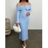 imageZESICA Womens Fall Off Shoulder Sweater Dress 2025 Bell Long Sleeve Ribbed Knit Bodycon Formal Maxi DressesBlue