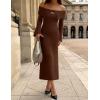 imageZESICA Womens Fall Off Shoulder Sweater Dress 2025 Bell Long Sleeve Ribbed Knit Bodycon Formal Maxi DressesCaramel