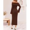imageZESICA Womens Fall Off Shoulder Sweater Dress 2025 Bell Long Sleeve Ribbed Knit Bodycon Formal Maxi DressesCaramel