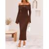 imageZESICA Womens Fall Off Shoulder Sweater Dress 2025 Bell Long Sleeve Ribbed Knit Bodycon Formal Maxi DressesCaramel