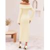 imageZESICA Womens Fall Off Shoulder Sweater Dress 2025 Bell Long Sleeve Ribbed Knit Bodycon Formal Maxi DressesCream