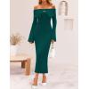 imageZESICA Womens Fall Off Shoulder Sweater Dress 2025 Bell Long Sleeve Ribbed Knit Bodycon Formal Maxi DressesDarkgreen