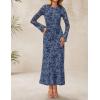 imageZESICA Womens Long Sleeve Floral Bodycon Dress 2025 Fall Fashion Ruched Mesh Wedding Guest Cocktail Party Maxi DressesDusty Blue