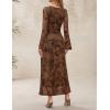 imageZESICA Womens Long Sleeve Floral Bodycon Dress 2025 Fall Fashion Ruched Mesh Wedding Guest Cocktail Party Maxi DressesTie Dye Brown