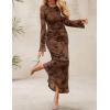 imageZESICA Womens Long Sleeve Floral Bodycon Dress 2025 Fall Fashion Ruched Mesh Wedding Guest Cocktail Party Maxi DressesTie Dye Brown
