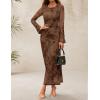 imageZESICA Womens Long Sleeve Floral Bodycon Dress 2025 Fall Fashion Ruched Mesh Wedding Guest Cocktail Party Maxi DressesTie Dye Brown