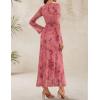 imageZESICA Womens Long Sleeve Floral Bodycon Dress 2025 Fall Fashion Ruched Mesh Wedding Guest Cocktail Party Maxi DressesTie Dye Pink