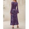 imageZESICA Womens Long Sleeve Floral Bodycon Dress 2025 Fall Fashion Ruched Mesh Wedding Guest Cocktail Party Maxi DressesTie Dye Purple