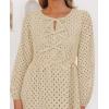 imageZESICA Womens Long Sleeve Mini Dress 2025 Fall Crewneck Tie Front Hollow Out Eyelet Babydoll A Line Short DressesApricot