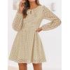 imageZESICA Womens Long Sleeve Mini Dress 2025 Fall Crewneck Tie Front Hollow Out Eyelet Babydoll A Line Short DressesApricot