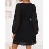 imageZESICA Womens Long Sleeve Mini Dress 2025 Fall Crewneck Tie Front Hollow Out Eyelet Babydoll A Line Short DressesBlack
