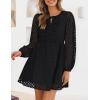 imageZESICA Womens Long Sleeve Mini Dress 2025 Fall Crewneck Tie Front Hollow Out Eyelet Babydoll A Line Short DressesBlack
